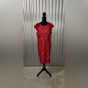 Womens Adrianna Papell Red Nylon Geometric Designer Cap Sleeve Midi Dress 14